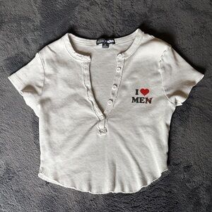 Fashion Nova White Button-Up Tee with Red Heart Design